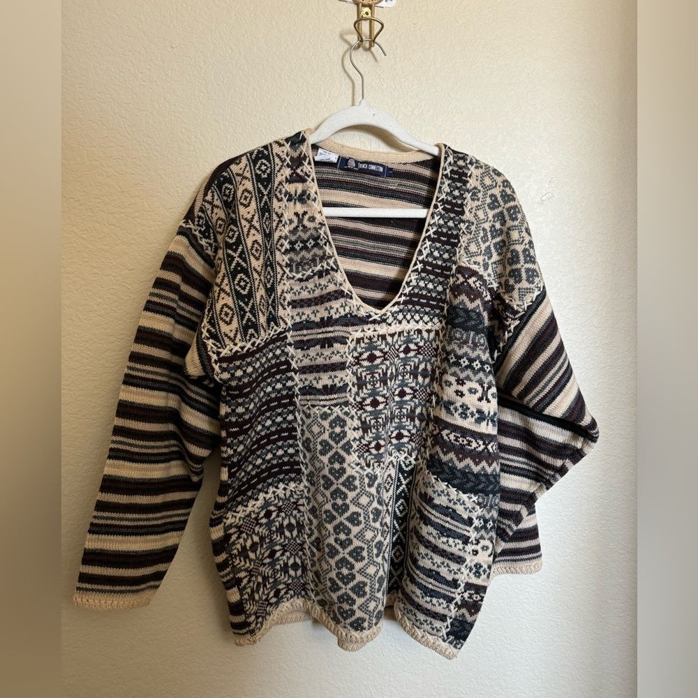 Vintage Grandma Knit Sweater Sz Small Oversized Patchwork Striped Cozy Cabin